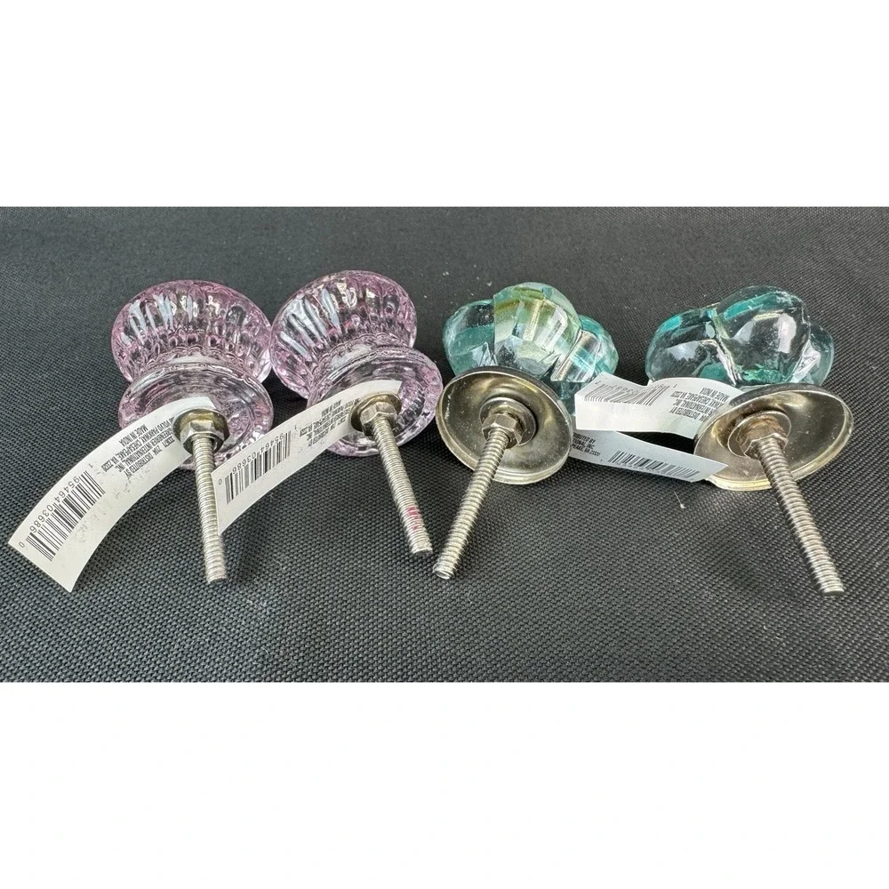 NWT Glass Drawer Pulls Clear Light Pink & Blue Dresser Kitchen Lot Of 4